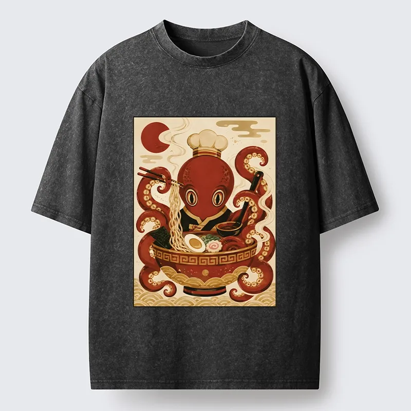 Tokyo-Tiger Red Octopus Master Noodle Maker Washed T-Shirt