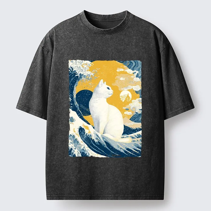 Tokyo-Tiger Ukiyo Cat Giant Ocean Wave Print Washed T-Shirt