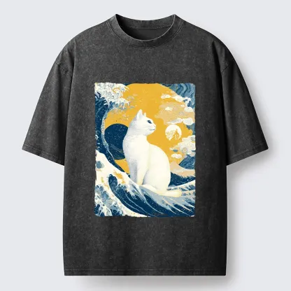 Tokyo-Tiger Ukiyo Cat Giant Ocean Wave Print Washed T-Shirt