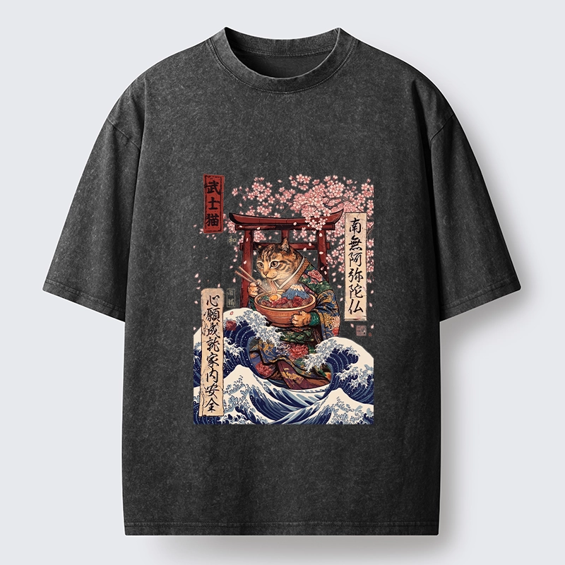 Tokyo-Tiger Samurai Cat Eating Noodles Wave Scene Washed T-Shirt