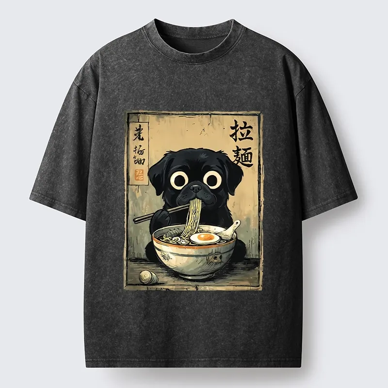 Tokyo-Tiger Cute Black Dog Eating Hot Ramen Washed T-Shirt