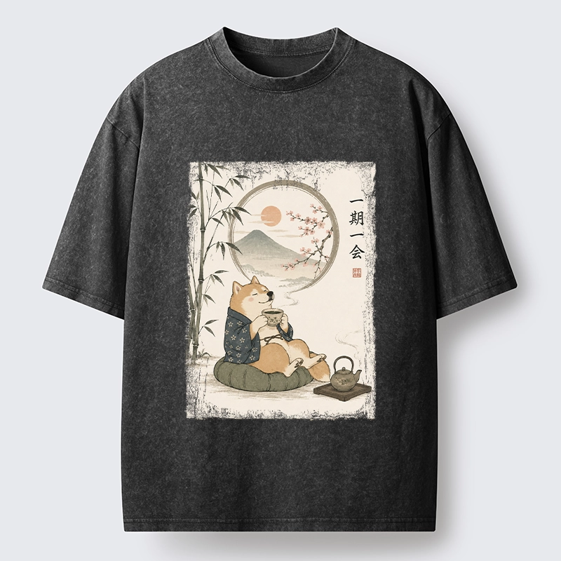 Tokyo-Tiger Funny Meme Cozy Tea Time Shiba Inu Washed T-Shirt