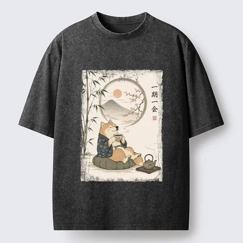 Tokyo-Tiger Funny Meme Cozy Tea Time Shiba Inu Washed T-Shirt