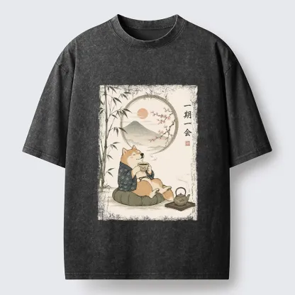 Tokyo-Tiger Funny Meme Cozy Tea Time Shiba Inu Washed T-Shirt