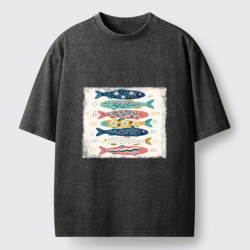 Tokyo-Tiger Simple Folk Art Floral Fish Group Design Washed T-Shirt