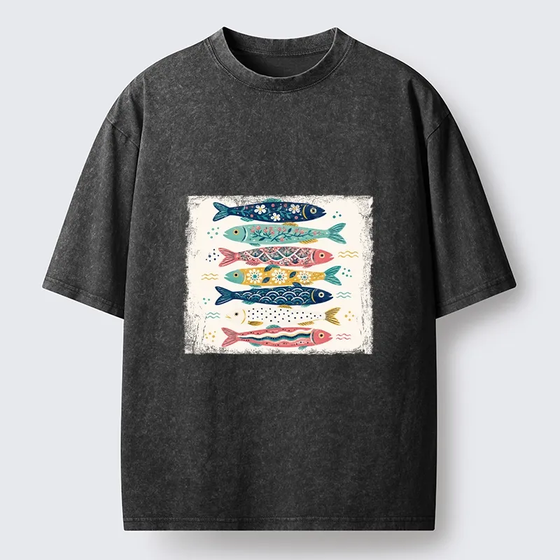 Tokyo-Tiger Simple Folk Art Floral Fish Group Design Washed T-Shirt