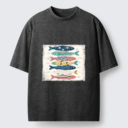 Tokyo-Tiger Simple Folk Art Floral Fish Group Design Washed T-Shirt