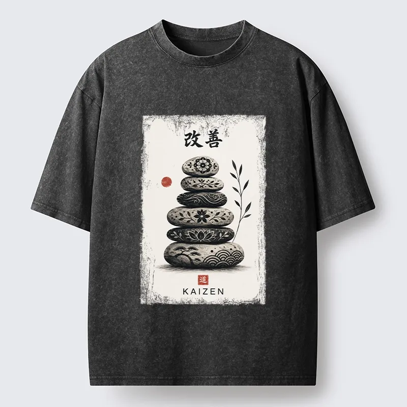 Tokyo-Tiger Japanese Balance Stone Floral Print Washed T-Shirt