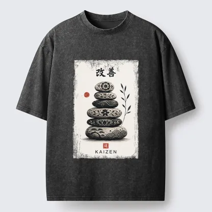 Tokyo-Tiger Japanese Balance Stone Floral Print Washed T-Shirt