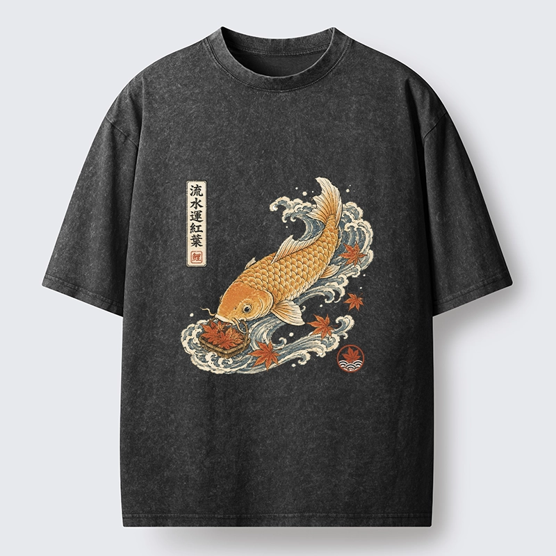 Tokyo-Tiger Golden Koi Carp Maple Leaf Wave Art Washed T-Shirt