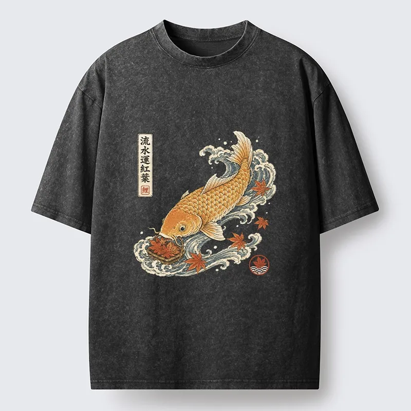 Tokyo-Tiger Golden Koi Carp Maple Leaf Wave Art Washed T-Shirt Sale