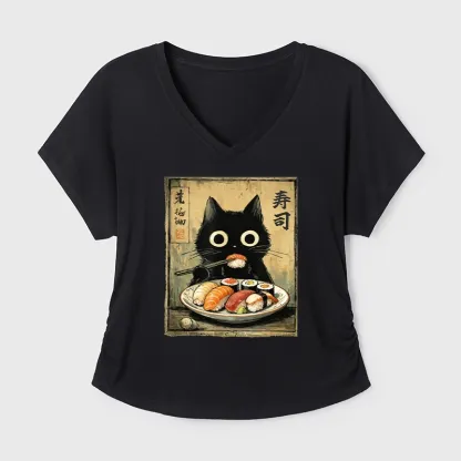Tokyo-Tiger Vintage Japanese Sushi Cat Modal Dolman Sleeve T-Shirt