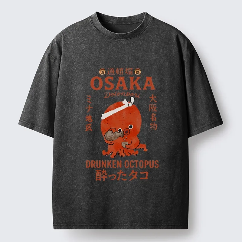 Tokyo-Tiger Vintage Osaka Octopus Sake Drinking Print Washed T-Shirt