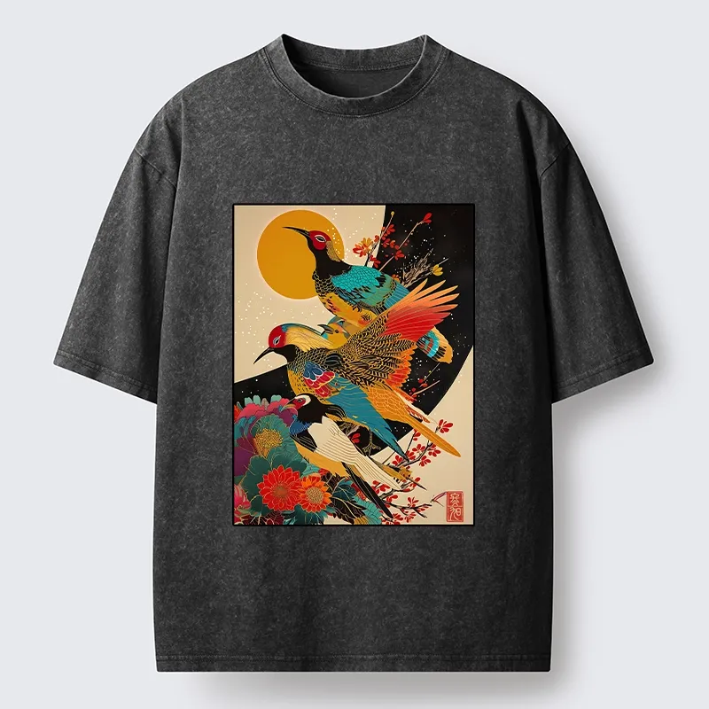 Tokyo-Tiger Sunrise Pheasants Blossom Oriental Art Design Washed T-Shirt