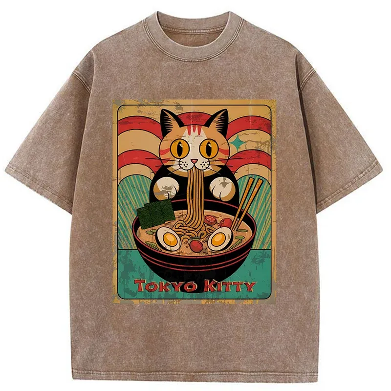 Tokyo-Tiger Retro Cat Eating Ramen Japan Washed T-Shirt