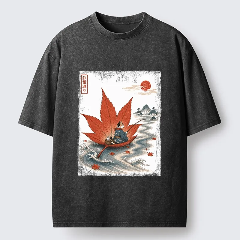 Tokyo-Tiger Japanese Cat Maple River Fishing Vintage Art Washed T-Shirt