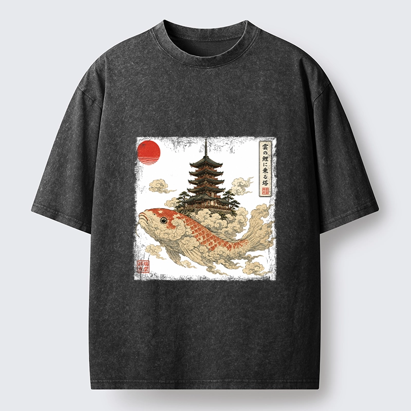Tokyo-Tiger Sacred Koi Carp And Ancient Temple Tower Art Washed T-Shirt