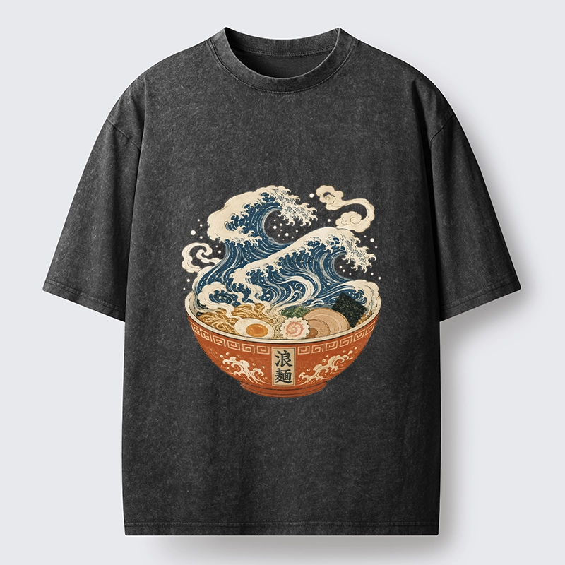 Tokyo-Tiger Ramen Bowl Holds Giant Ocean Wave Graphic Washed T-Shirt