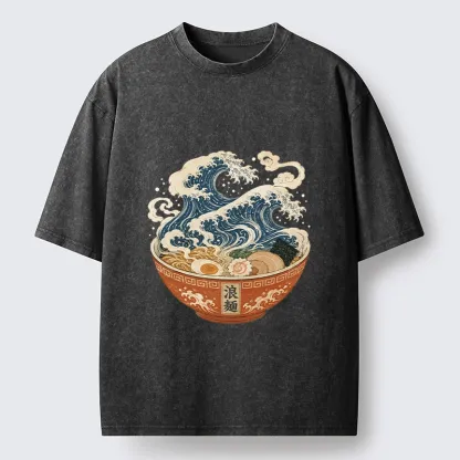 Tokyo-Tiger Ramen Bowl Holds Giant Ocean Wave Graphic Washed T-Shirt