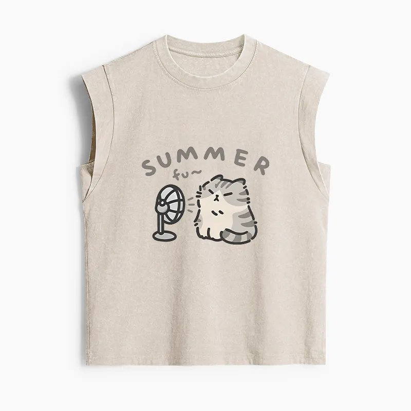 Tokyo-Tiger Summer Cat Chills With A Fan Women's Washed Tank Tops Sale