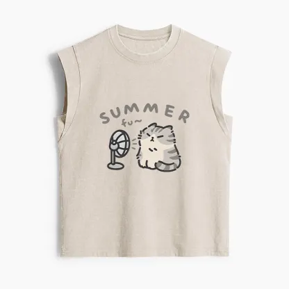 Tokyo-Tiger Summer Cat Chills With A Fan Women's Washed Tank Tops