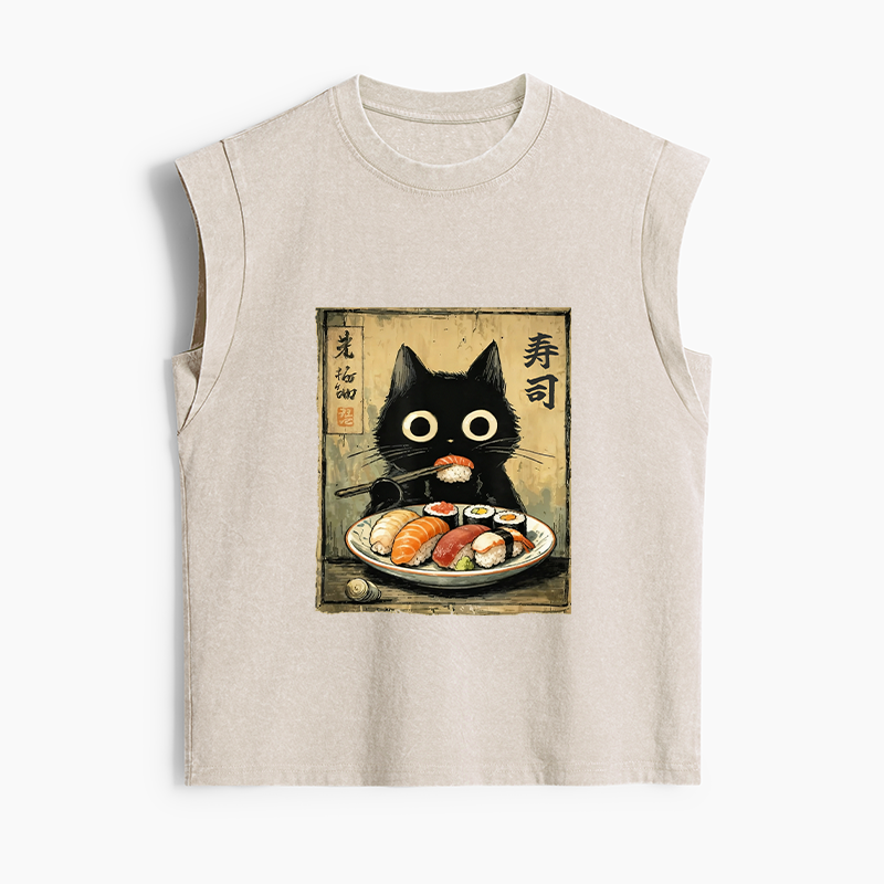Tokyo-Tiger Vintage Japanese Sushi Cat Women's Washed Tank Tops