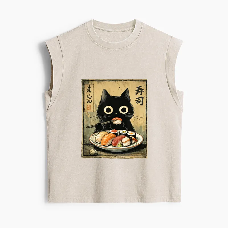 Tokyo-Tiger Vintage Japanese Sushi Cat Women's Washed Tank Tops Sale