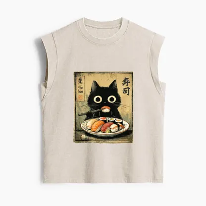 Tokyo-Tiger Vintage Japanese Sushi Cat Women's Washed Tank Tops