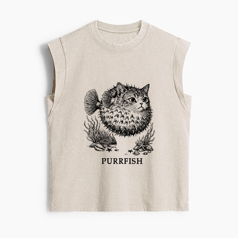 Tokyo-Tiger Spiky Puffer With Cute Cat Head Women's Washed Tank Tops