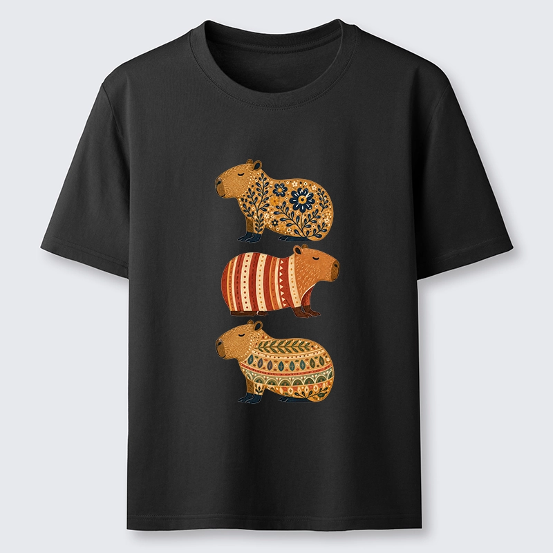 Tokyo-Tiger Folk Floral Striped Capybara Trio Print Classic T-Shirt