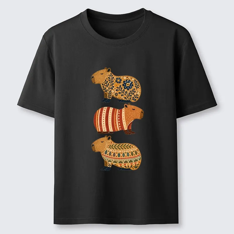 Tokyo-Tiger Folk Floral Striped Capybara Trio Print Classic T-Shirt