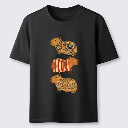 Tokyo-Tiger Folk Floral Striped Capybara Trio Print Classic T-Shirt