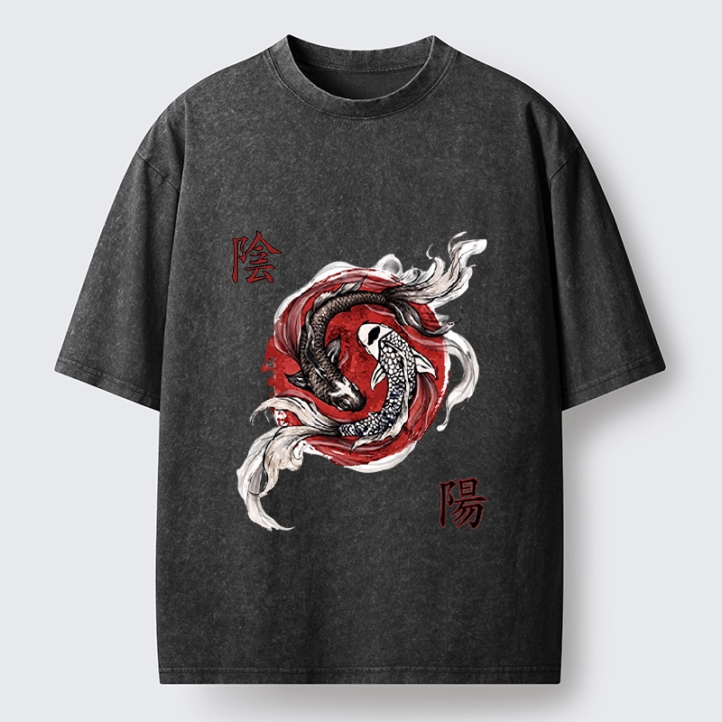 Tokyo-Tiger Red Ink Twin Koi Fish Harmony Washed T-Shirt