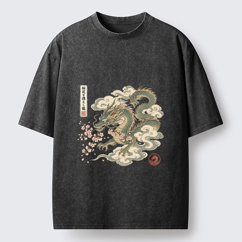 Tokyo-Tiger Ancient Dragon Holds Pink Sakura Blooms Washed T-Shirt 
