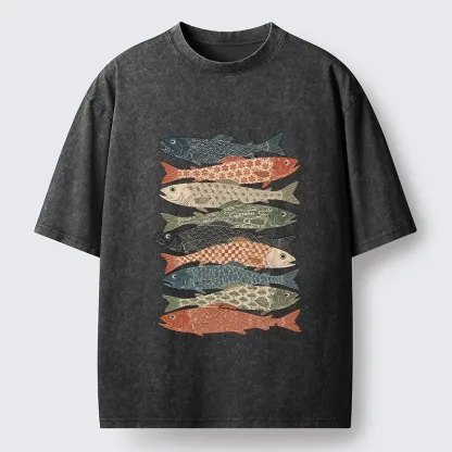 Tokyo-Tiger Patterned Stack Fish Japanese Block Print Washed T-Shirt
