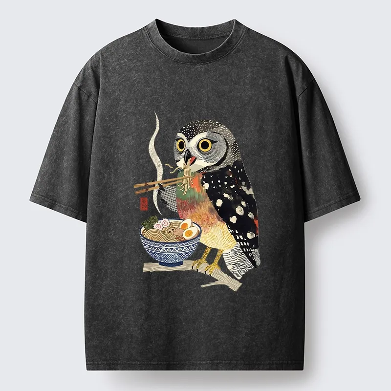 Tokyo-Tiger Owl Slurps Hot Ramen Japan Art Washed T-Shirt
