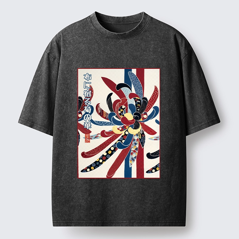 Tokyo-Tiger Traditional Oriental Big Flower Ukiyo Print Washed T-Shirt