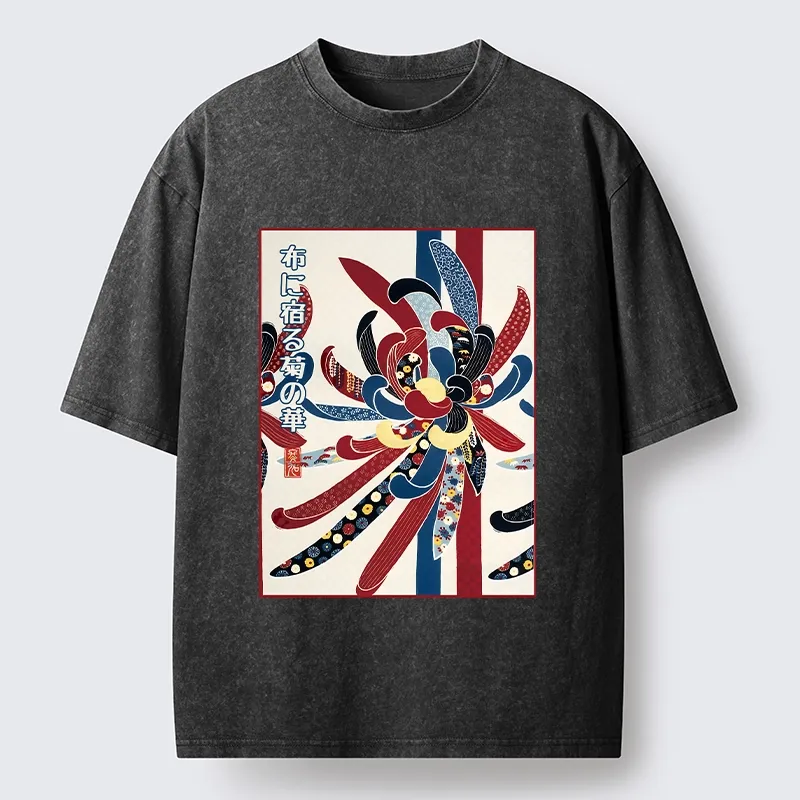 Tokyo-Tiger Traditional Oriental Big Flower Ukiyo Print Washed T-Shirt
