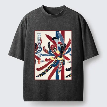 Tokyo-Tiger Traditional Oriental Big Flower Ukiyo Print Washed T-Shirt