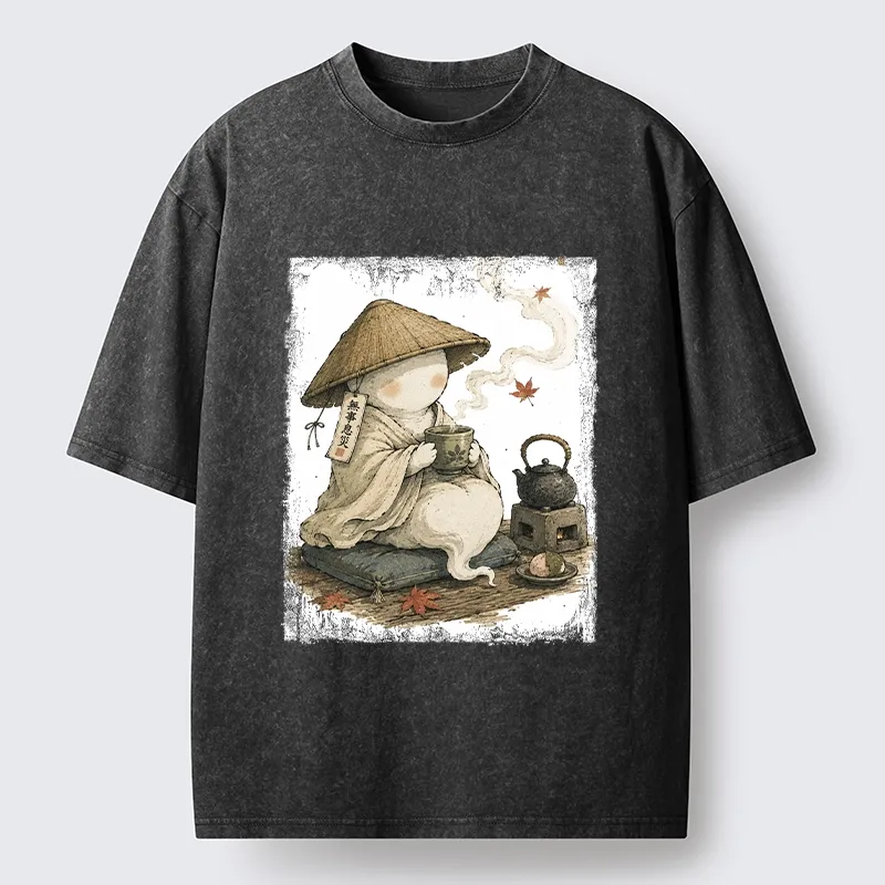 Tokyo-Tiger Cute Ghost Peaceful Tea Time Art Washed T-Shirt