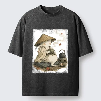 Tokyo-Tiger Cute Ghost Peaceful Tea Time Art Washed T-Shirt