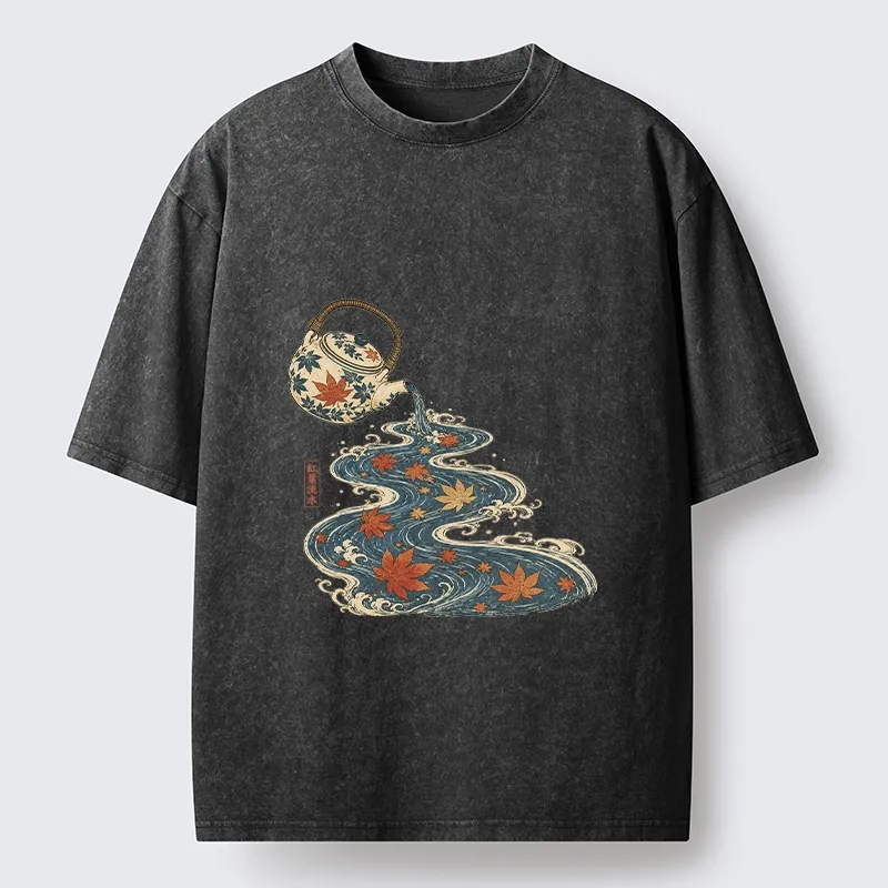 Tokyo-Tiger Maple Tea Pot Flowing River Ukiyo Art Washed T-Shirt