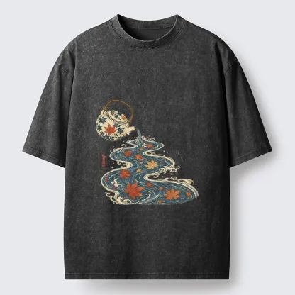 Tokyo-Tiger Maple Tea Pot Flowing River Ukiyo Art Washed T-Shirt