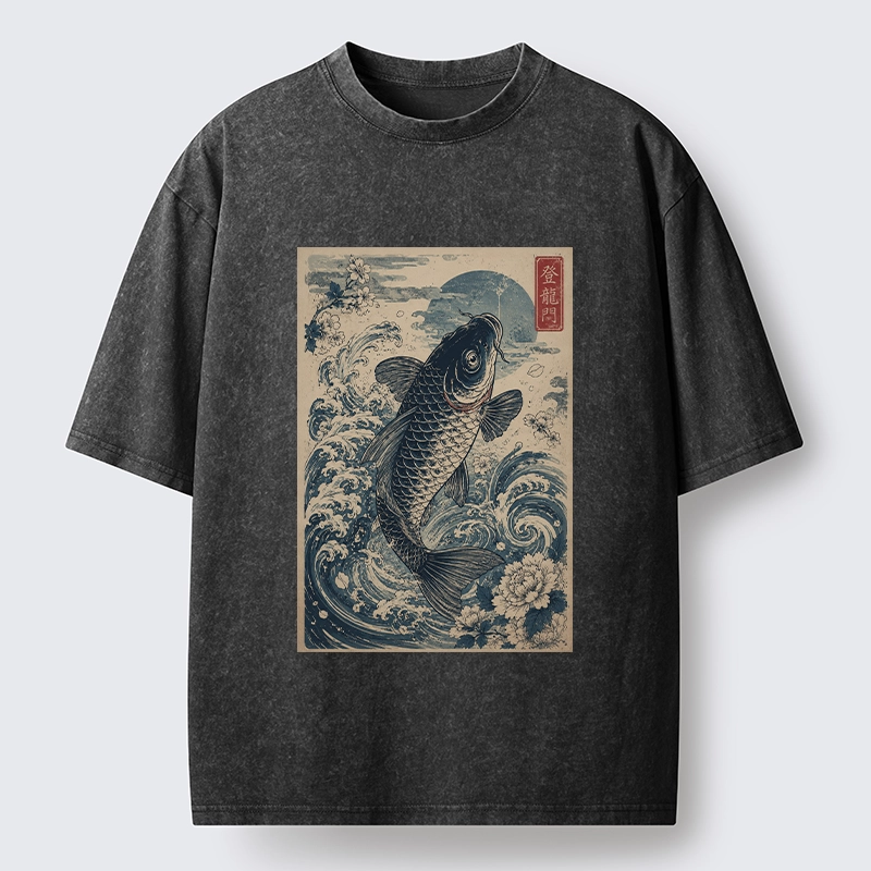 Tokyo-Tiger Vintage Ukiyo Koi Wave Flower Graphic Washed T-Shirt
