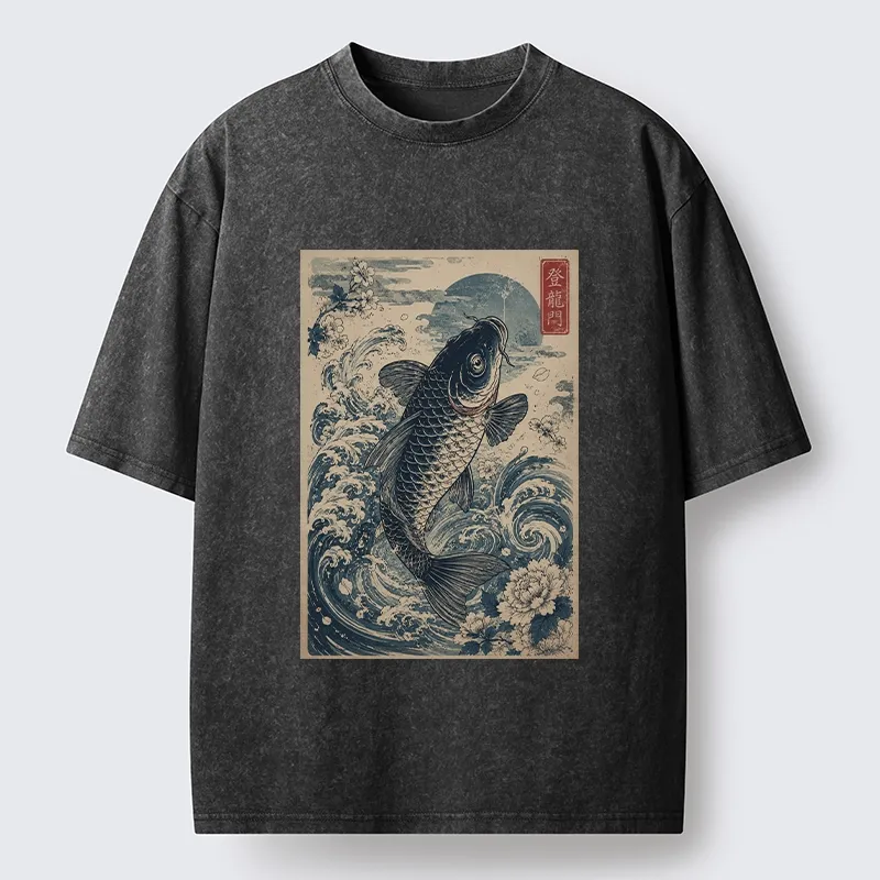 Tokyo-Tiger Vintage Ukiyo Koi Wave Flower Graphic Washed T-Shirt