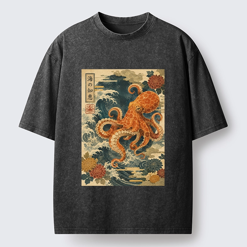 Tokyo-Tiger Wise Octopus Sea Wave Ukiyo E Art Washed T-Shirt