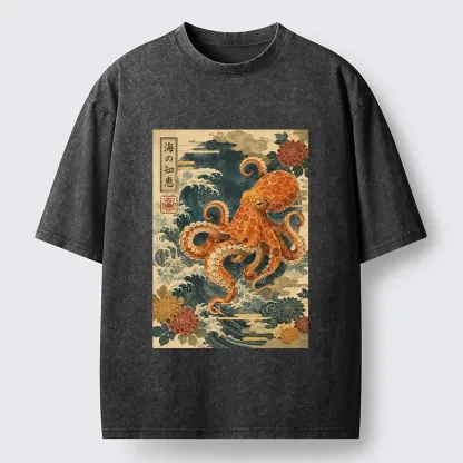 Tokyo-Tiger Wise Octopus Sea Wave Ukiyo E Art Washed T-Shirt