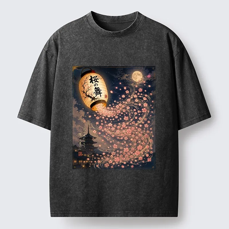 Tokyo-Tiger Sakura Wind Flows From Paper Lantern Graphic Washed T-Shirt