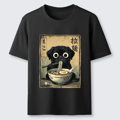Tokyo-Tiger Cute Black Dog Eating Hot Ramen Classic T-Shirt