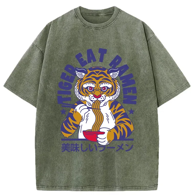 Tokyo-Tiger Funny Tiger Eating Ramen Washed T-Shirt